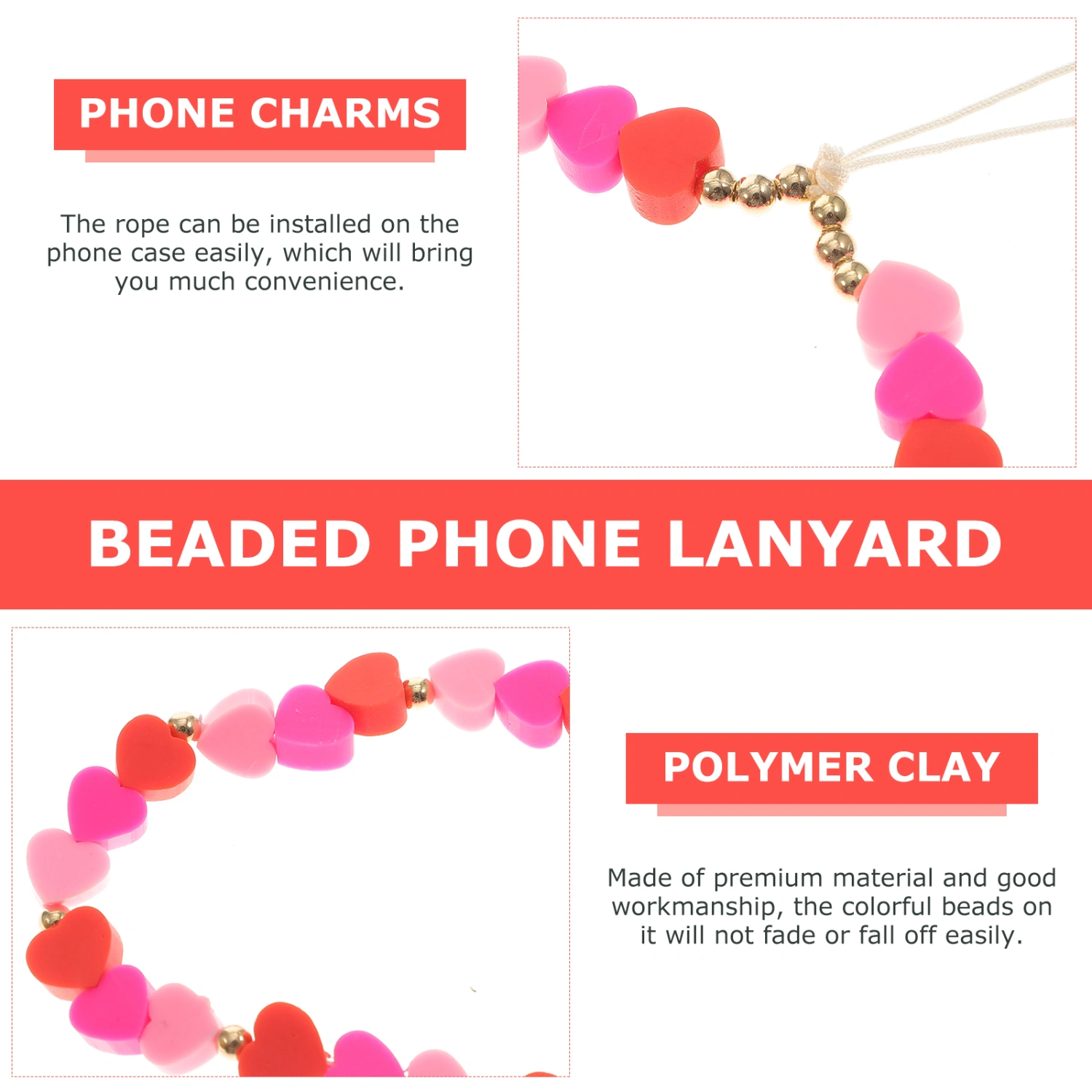 2pcs Polymer Clay Heart Beads Phone Ropes Phone Decorative Lanyards Phone Charms