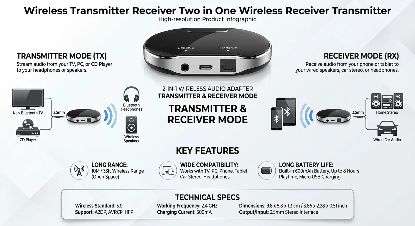 1 Set Wireless Transmitter Receiver Two in One Wireless Receiver Transmitter Multi-purpose Wireless Adapter for Home Dorm Office (Black)