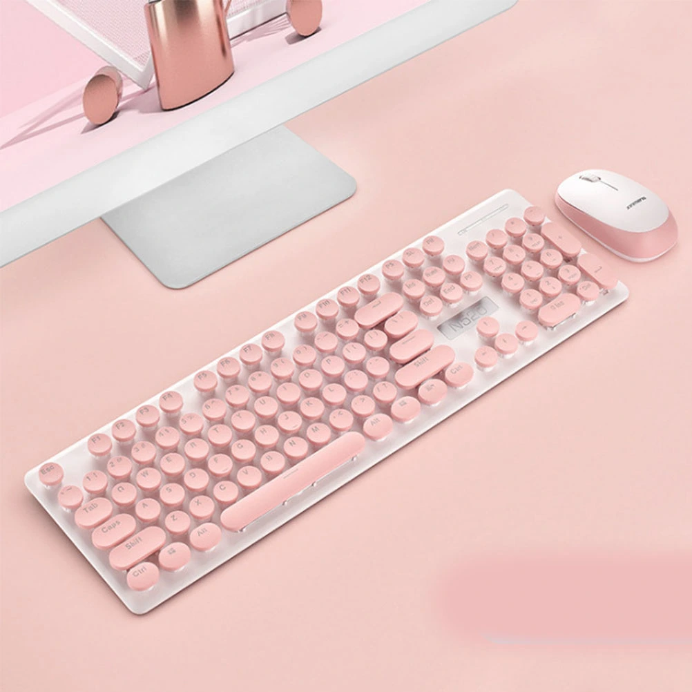 Wireless Keyboard Retro Round Keyboard Mechanical Keyboard Mouse Set Computer Keyboard (Pink)