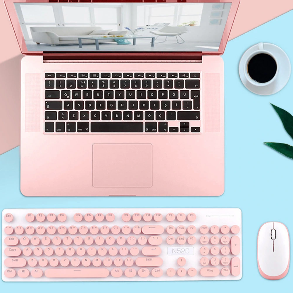 Wireless Keyboard Retro Round Keyboard Mechanical Keyboard Mouse Set Computer Keyboard (Pink)