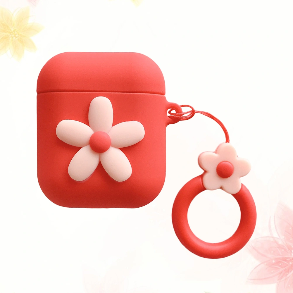 Wireless Earphone Protective Cover Lovely Flower PVC Case with Ring Pendant Compatible for airpods (Red)