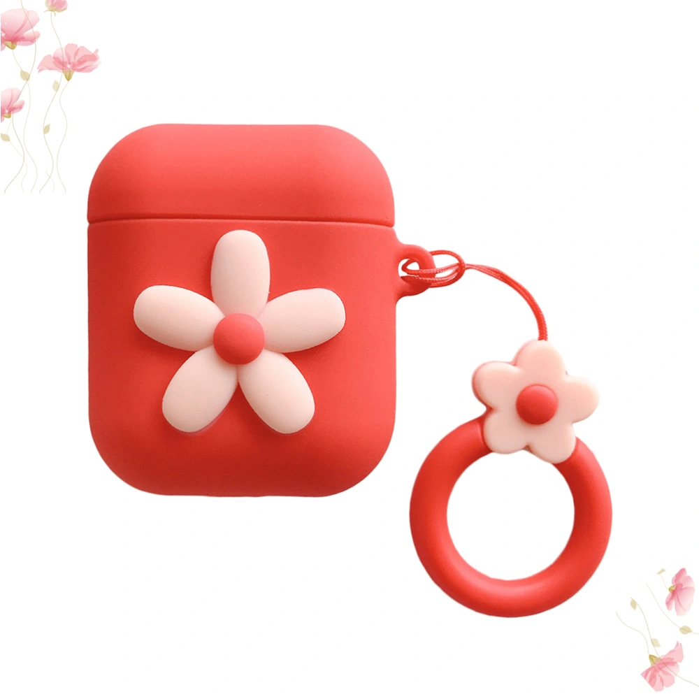 Wireless Earphone Protective Cover Lovely Flower PVC Case with Ring Pendant Compatible for airpods (Red)