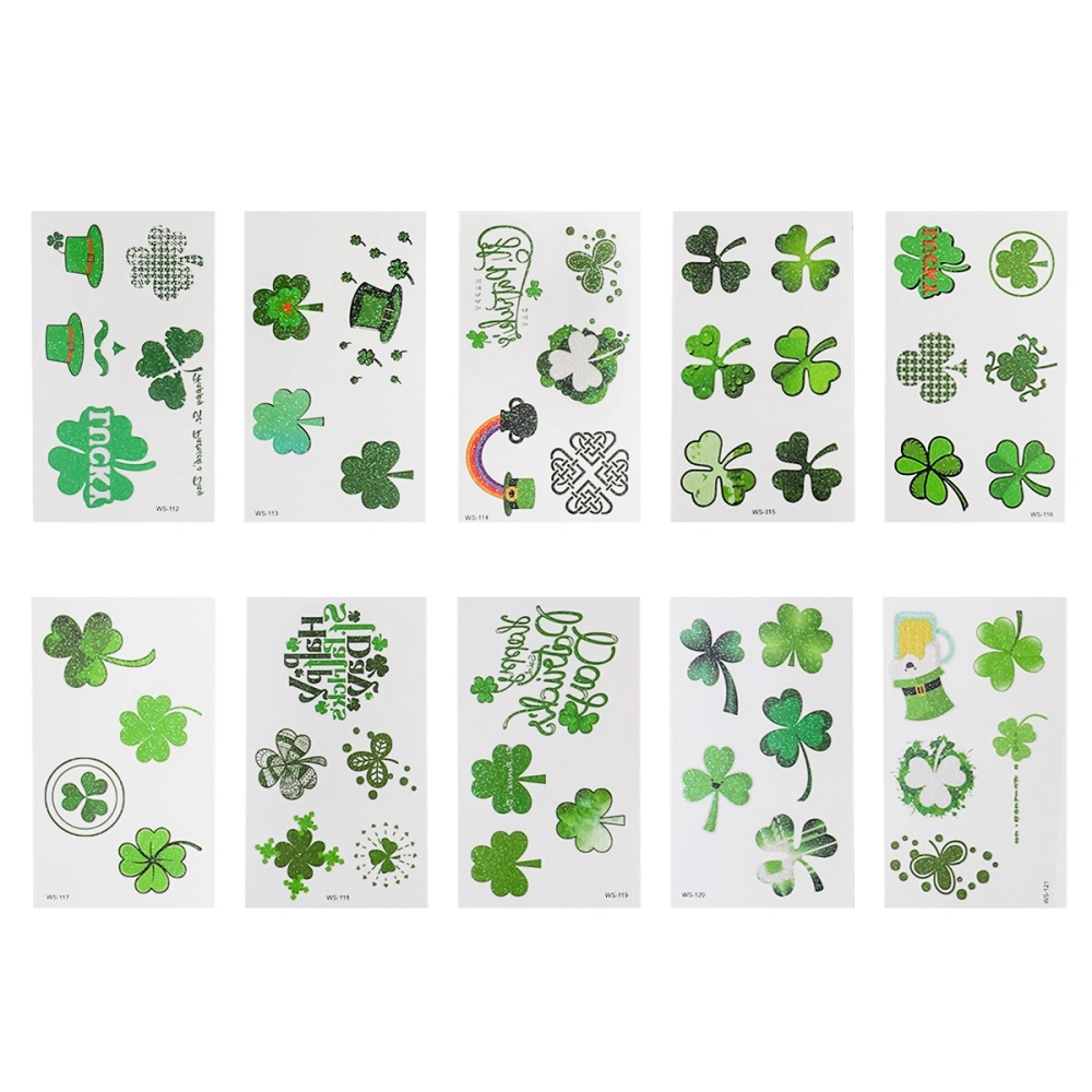 10 Sheets St. Patrick's Day Stickers Glitter Clover Four-leaf Clover Temporary Body Art Environmentally Friendly Stickers (WS-112+WS-113+WS-114+WS-115+WS-116+WS-117+WS-118+WS-119+WS-120+WS-121)