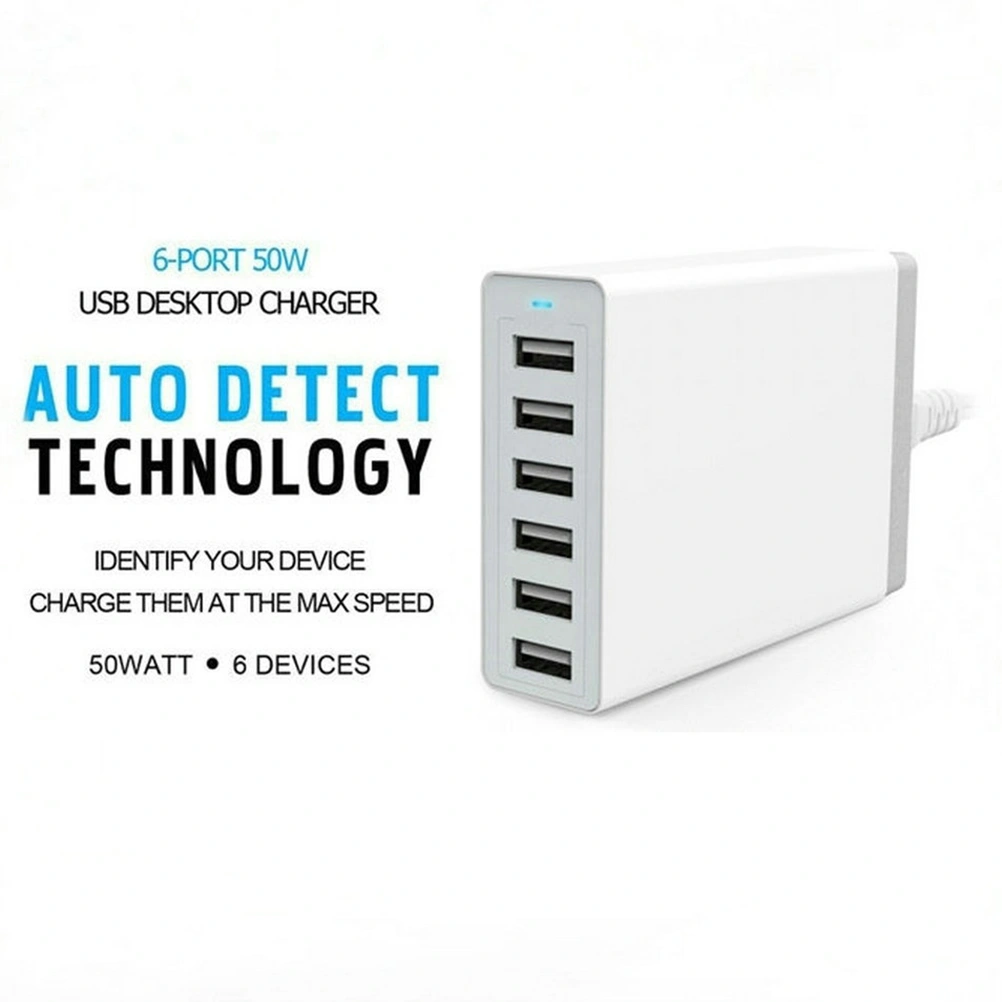 6 Port 5V/10A High Power Multi-port USB Charger Rapid Charging StationDesktop Travel Hub White (with US Plug)