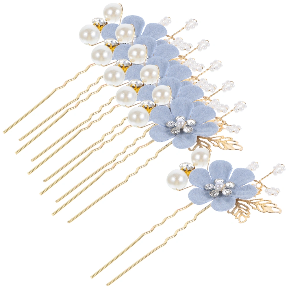 6 pcs Bridal Flower Hairpin Rhinestone Pearl Hairpin Wedding U-shaped Hair Pin for Women