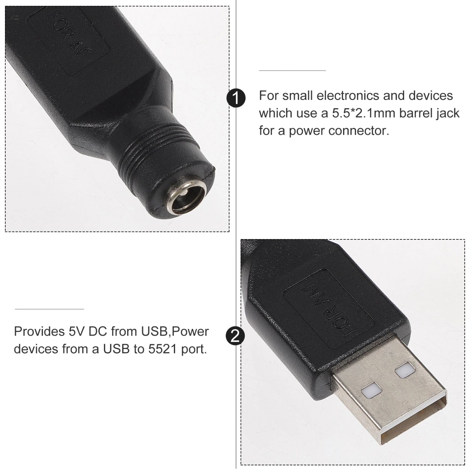 2Pc USB Female to 5.5mm x 2.1mm Female DC Power Converter Charger Adapter Connectors Black