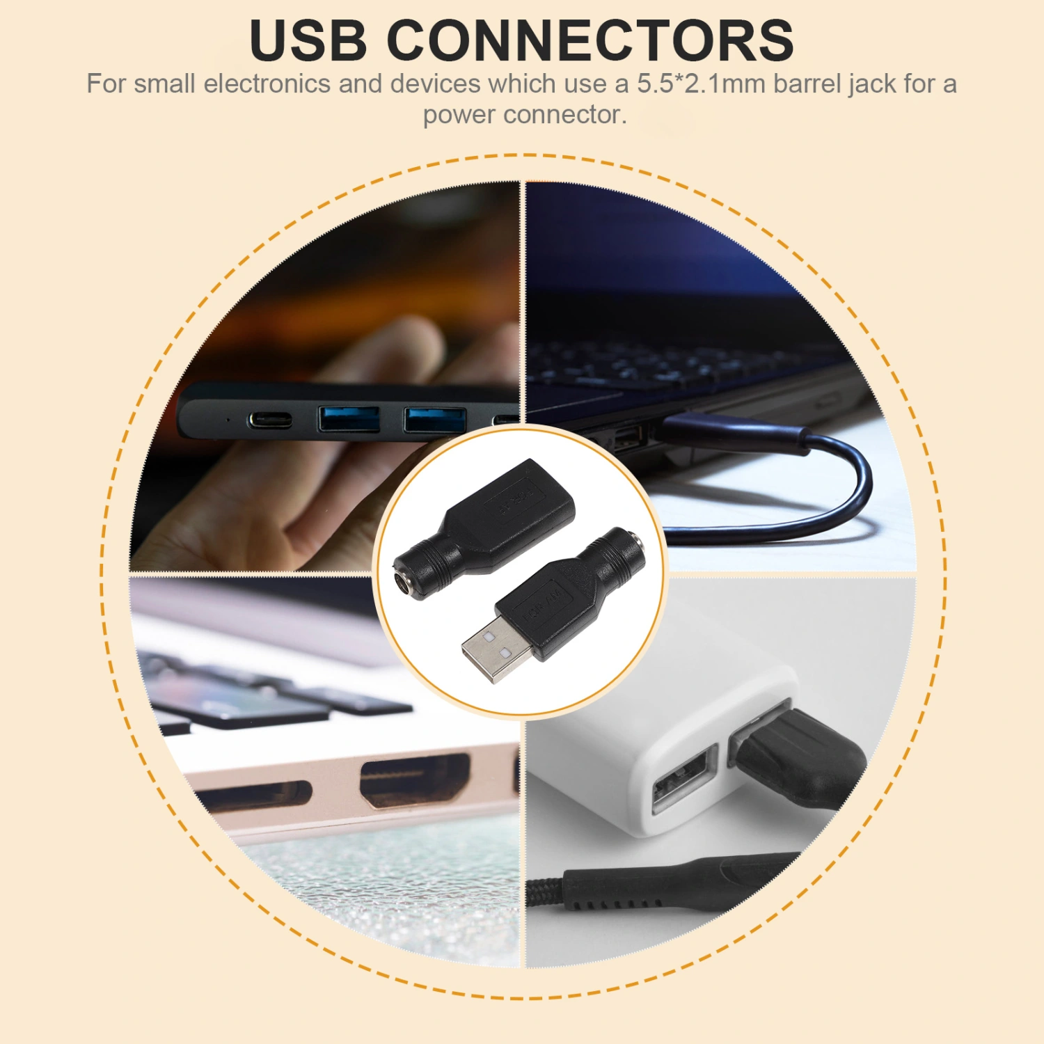 2Pc USB Female to 5.5mm x 2.1mm Female DC Power Converter Charger Adapter Connectors Black