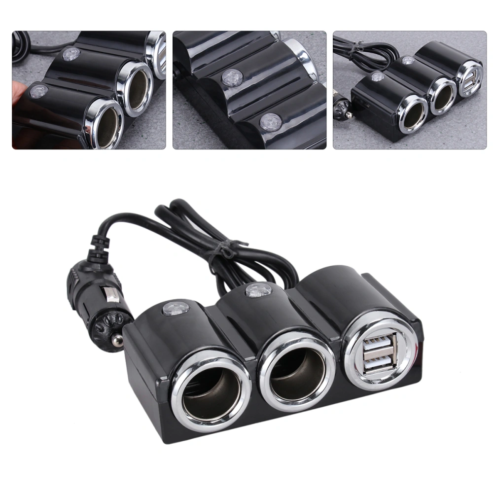 1Pc 1 to 2 Cigarette Lighter Ports Dual USB Car Charger Separator for Car Use (Black)