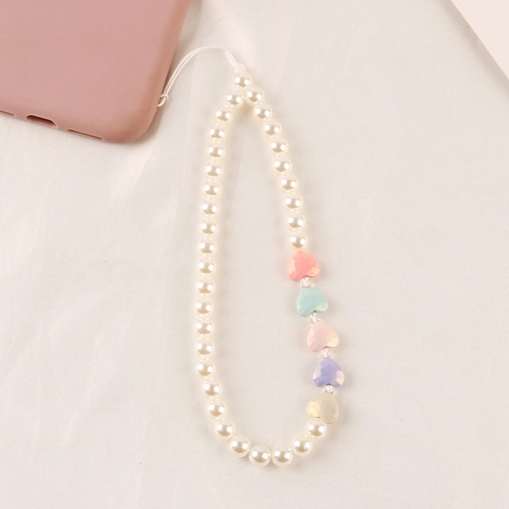 2pcs Heart Beads Mobile Phone Lanyard Cellphone Wrist Strap Imitation Pearl Straps