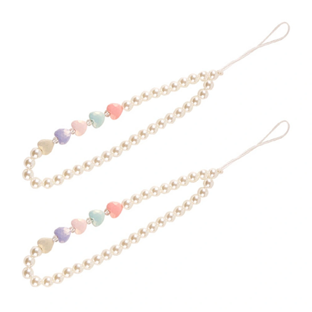 2pcs Heart Beads Mobile Phone Lanyard Cellphone Wrist Strap Imitation Pearl Straps