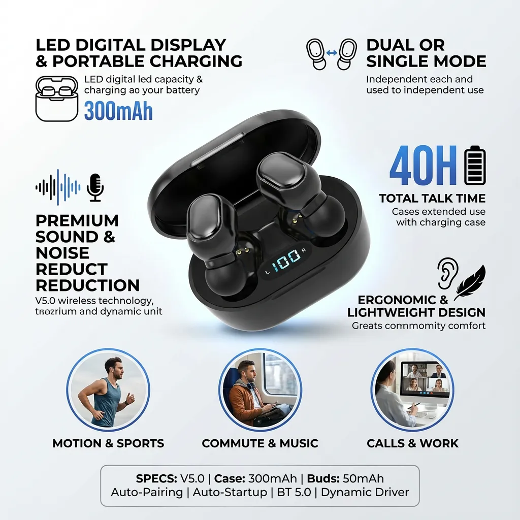 1 Pair of E7S Wireless Dual-ear Mini In-ear Motion Digital Display TWS Wireless Headset(Black)