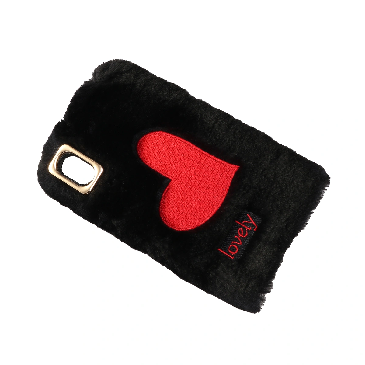 Embroidery Red Heart Plush Phone Case Phone Cover Protective Phone Shell for iPhone XS Max (Black)