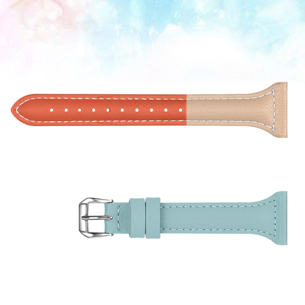 Fashionable Genuine Leather Smartwatch Strap Chic Watch Replacement Band Wrist Band Compatible for Fitbit Versa (Orange Apricot and Haze Blue)