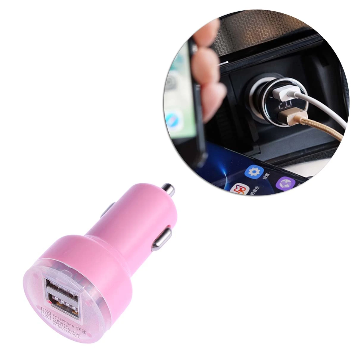 2.1A USB Universal Car Charger Mini Bullet LED Double USB 2-Port Car Charger Adaptor for Mobile Phone (Pink)
