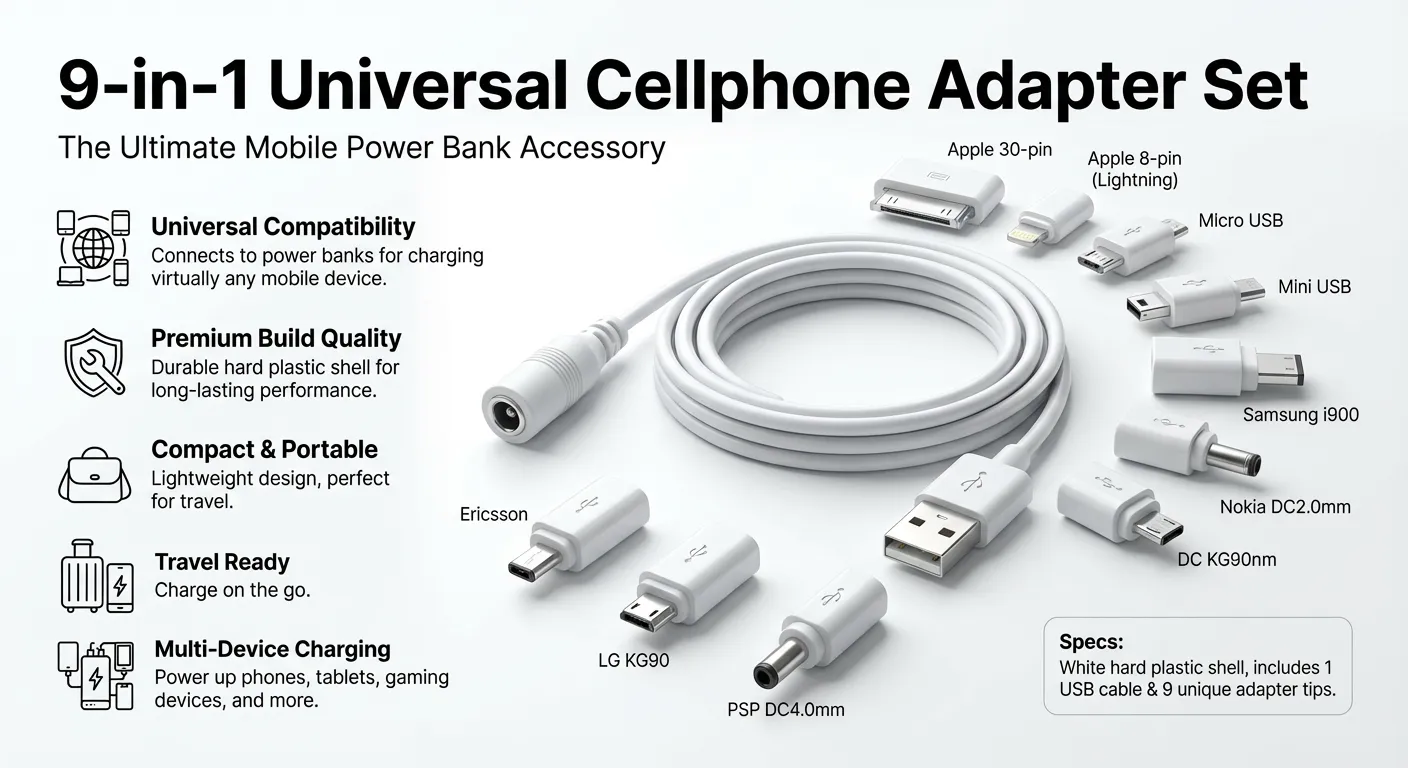 9-in-1 Different Cellphone Adapters Set with USB Adapter Cable for Mobile Power Bank (White)