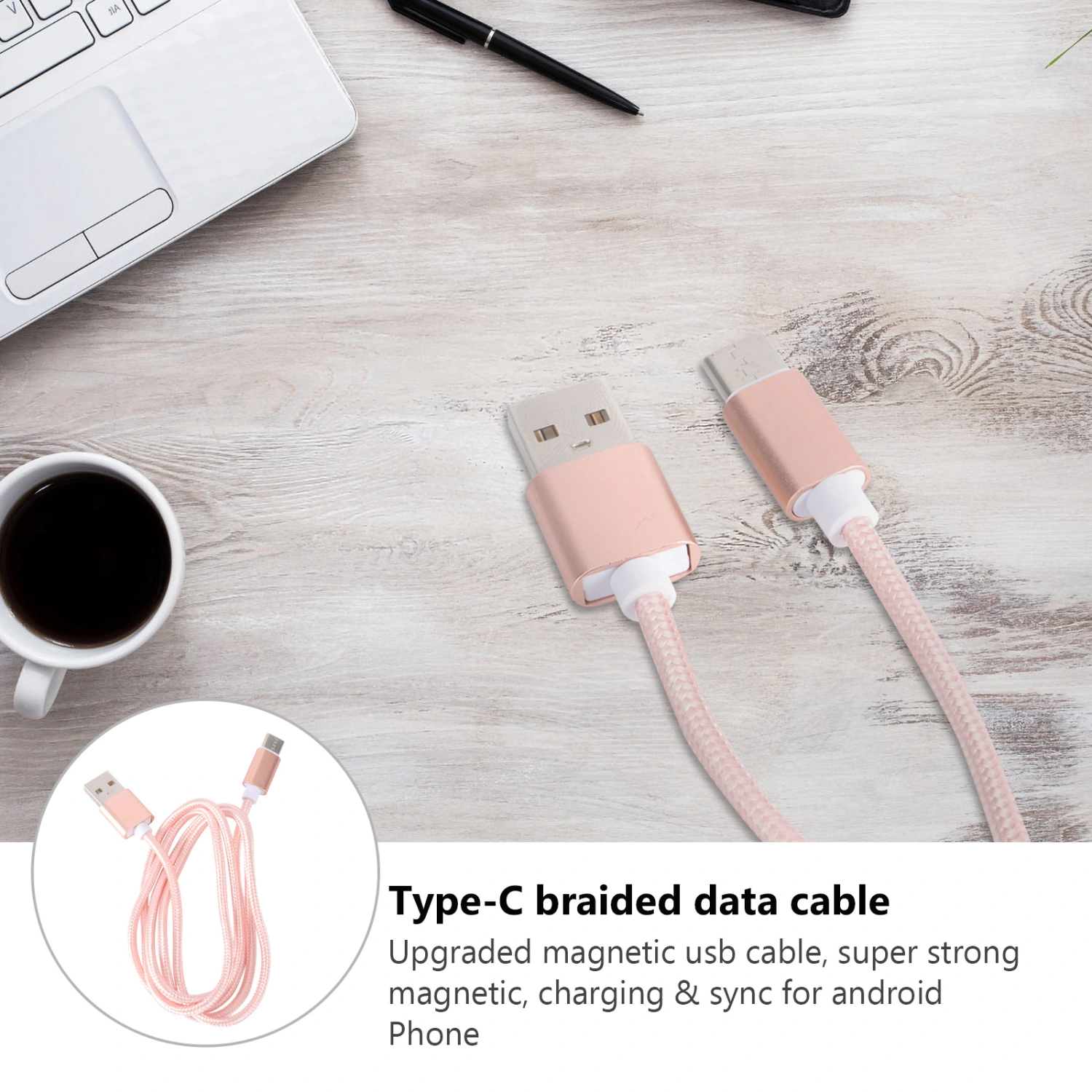 1M USB Magnetic Cable 2.1A Nylon Braided Fast Charging and Data Sync Charger Adapter Cable Cord with LED Indicator for Smart Phone and Tablets (Rose Gold)