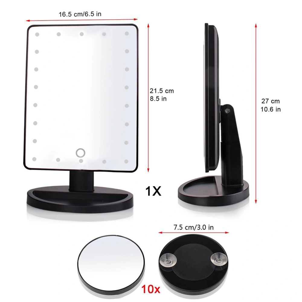 Lighted Makeup Mirror Vanity Mirror with 22 LED lights Touch Screen Dimmable Removable 10x Magnifying Spot Mirrors 180° Swivel Rotation Battery USB Power Supply (Black)