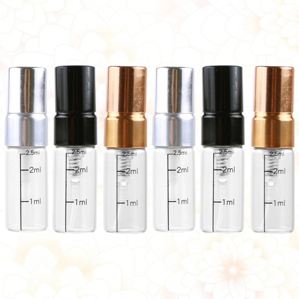 6 Pcs 2.5ml Scale Spray Bottle Glass Small Empty Spray Bottle Perfume Liquid Dispenser for Make up and Skin Care Use (Golden, Silver, Black Style)