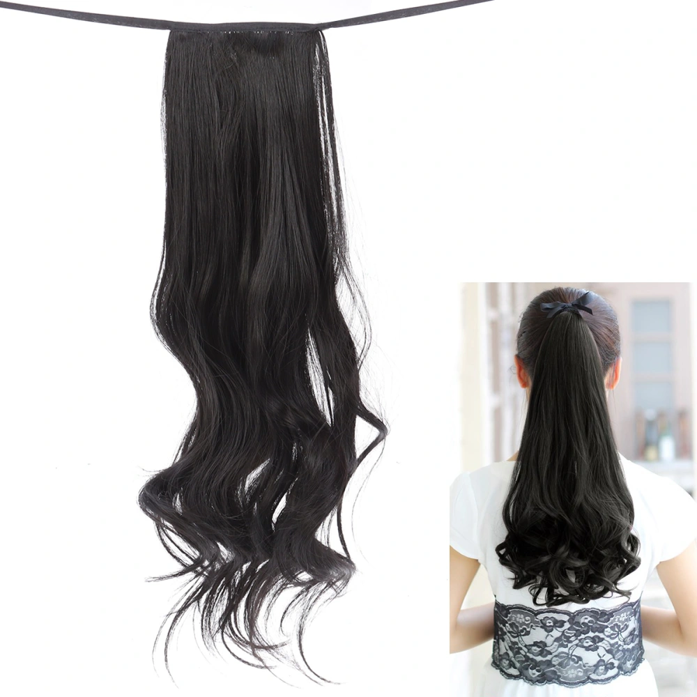 48cm Long Curly Hair Wig Ribbon Ponytails Drawstring Synthetic Hairpiece Wavy Ponytail Hair Extensions (Natural Black)