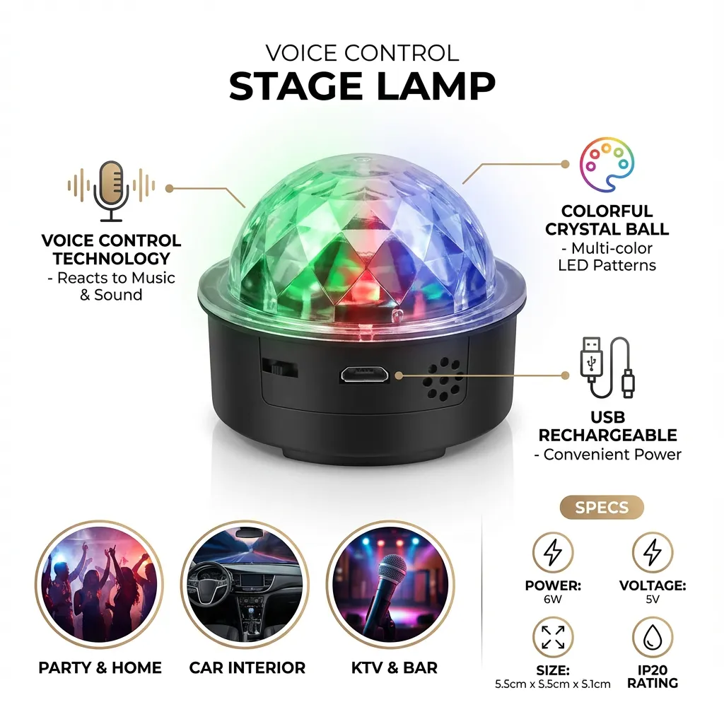 1pc Voice Control Stage Lamp Disco Light Colorful USB Crystal Ball Lamp Black