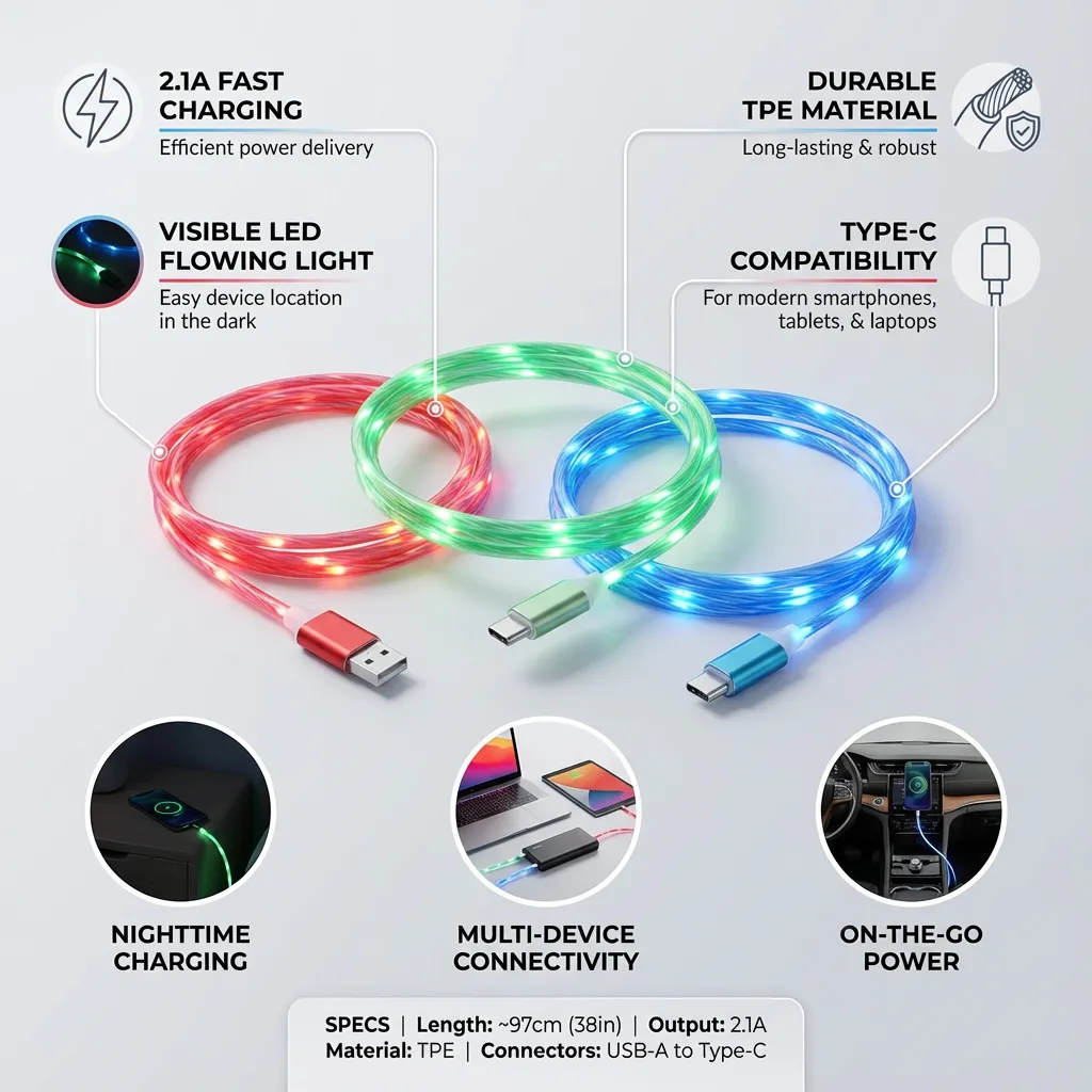 3Pcs Type C LED Charger Cables Flowing Type C Charging Cords (Watermelon Red Green)