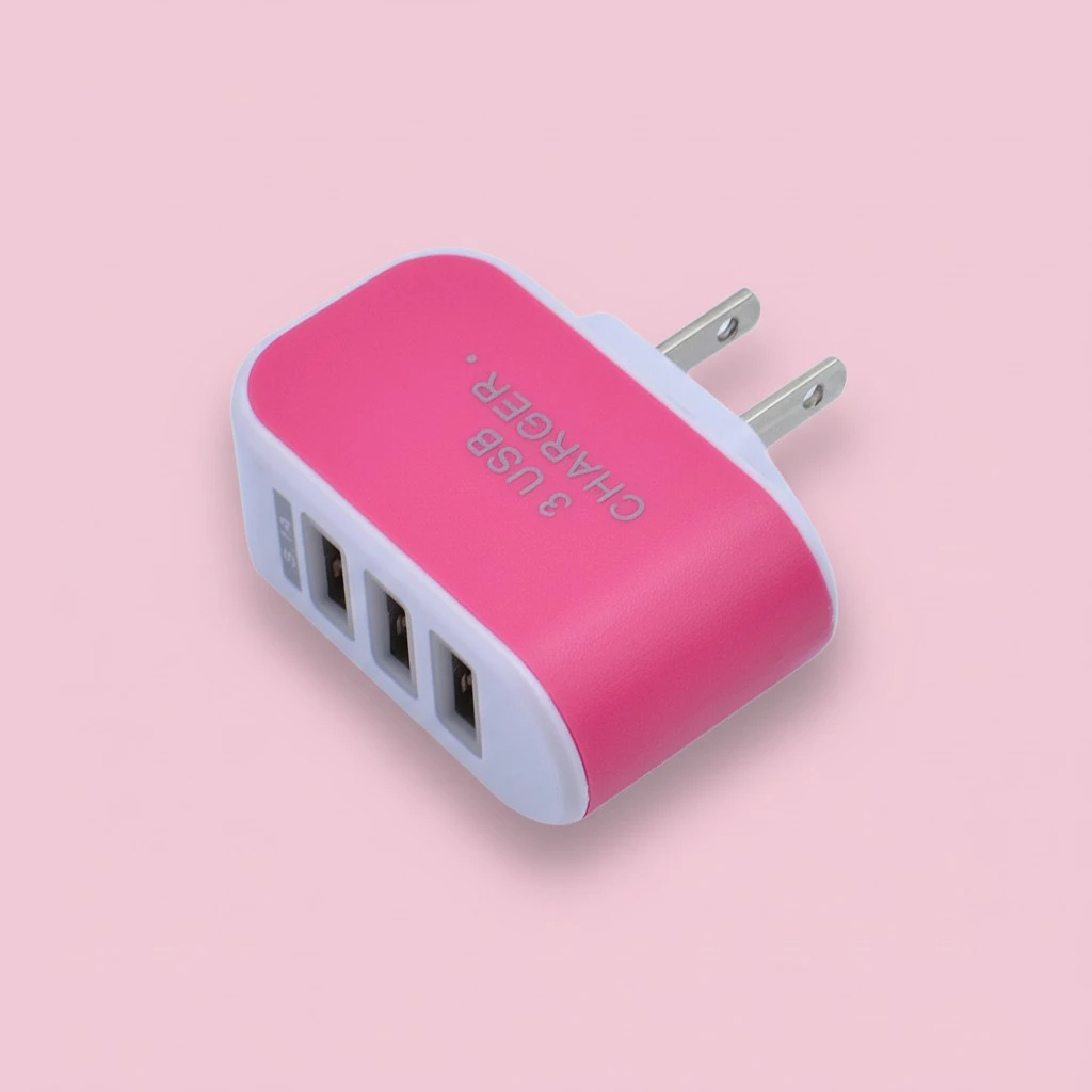 Universal Three USB Ports Outlet Wall Charger AC Power Adapter 3.1A Fast Charge Plug With LED Light For iPhone 7/ 6s/ Tablets/ Galaxy S8/ LG/ Nexus/ HTC/ OnePlus And More With US Plug (Rosy)