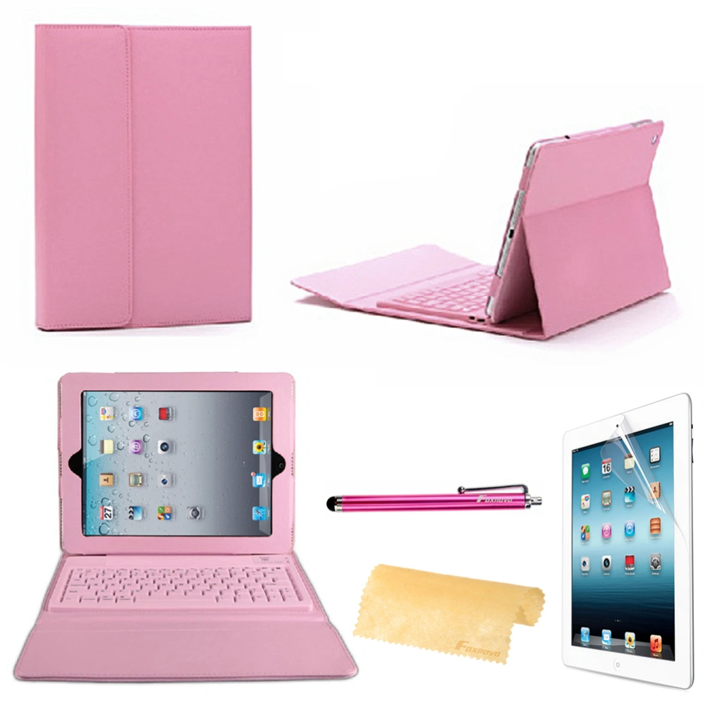 4-in-1 WirelessKeyboard PU Case Cover Stand Set for 4 /iPad 3 /iPad 2 (Pink)