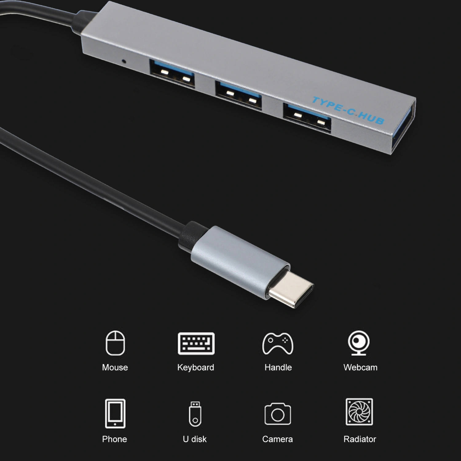 1pc Aluminium Alloy USB Hub Office Laptop 4 Ports Expansion Transfer Adapter