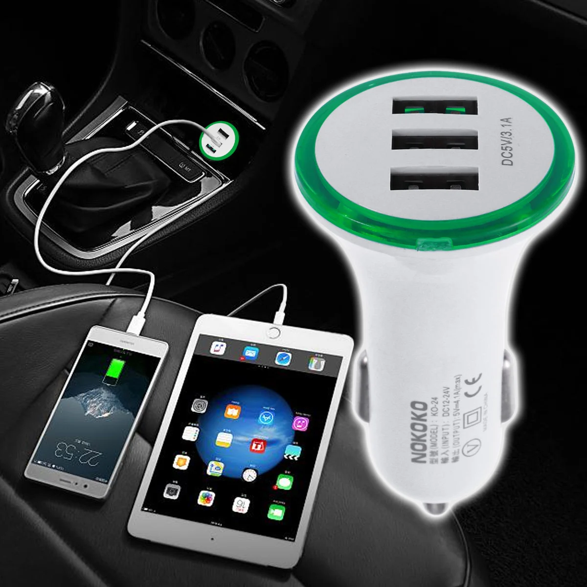 5V 3.1A Car Charger Three USB Fast Car Charger Adapter Travel Car Cigarette lighter for iPhone X/ 8/ 7/ 6S/ Galaxy S9 S8/ LG/ Nexus/ HTC/ LG/ Xiaomi/ Pixel 2/ Xperia X/ Lumia 950 (Green)