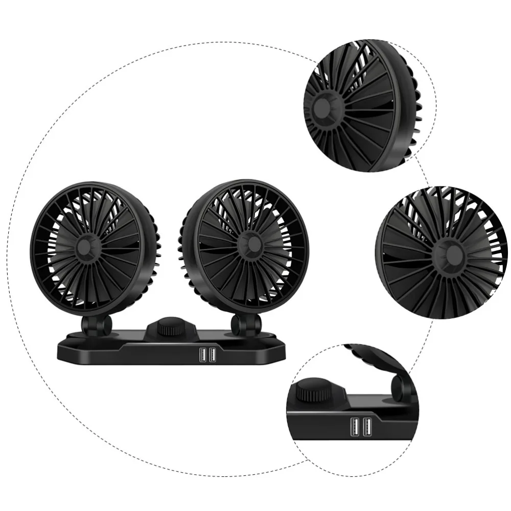 Mini Electric Fan Dual USB Double Head Rotating Adjustable Fan for Vehicles