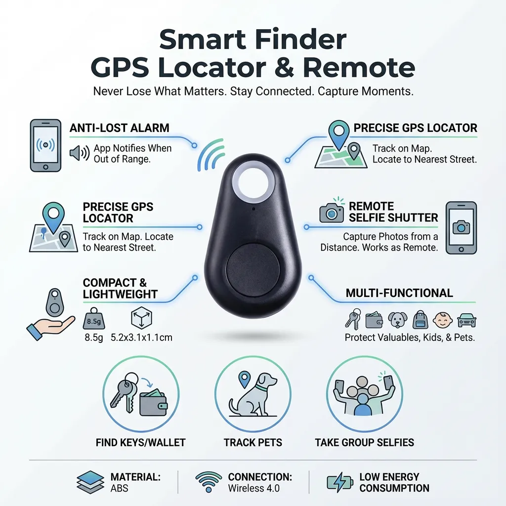4Pcs Smart Finder GPS Locator Pet Alarm Wireless4.0 Anti-lost Sensor Remote Selfie Shutter Seeker Itag for Kids Bag Wallet Keys Car SmartPhone (Black)