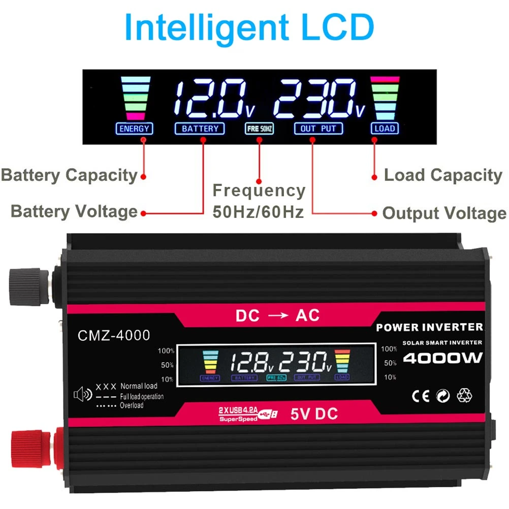 1 Set 4000W Power Inverter DC 12V to 220V AC Converter with Digital LCD Display