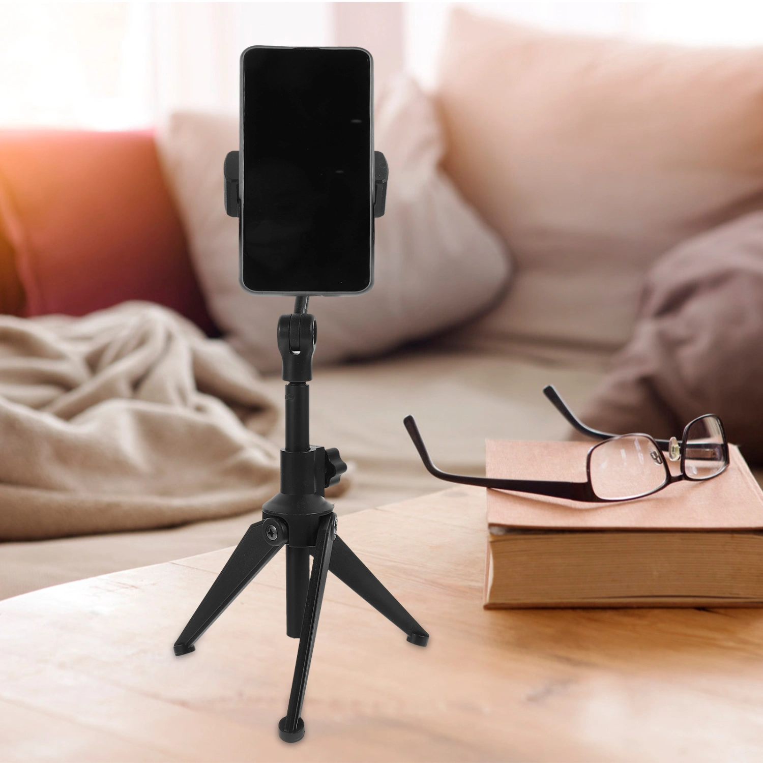 Desktop Telescopic Selfie Stick Tripod Adjustable Carbon Steel Broadcast Holder Rack Phone Mount with Remote Shutter (Black)