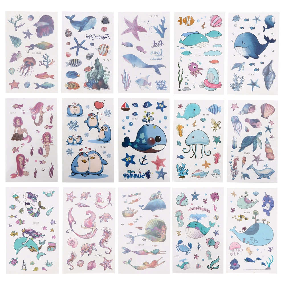 15 Sheets Sticker Adorable Marine Animal Temporary Decal