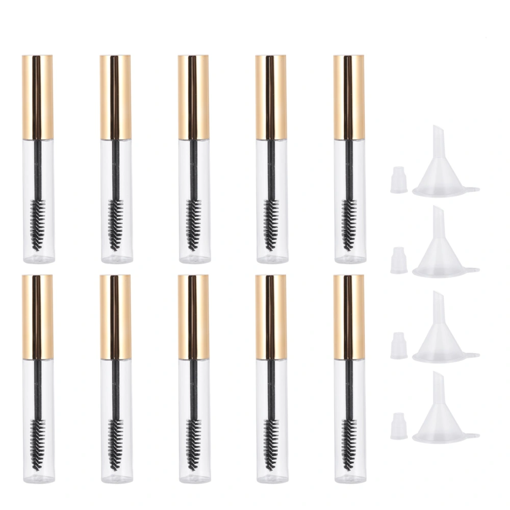 10pcs Mascara Bottle Empty Refillable Bottles Portable Eyelash Growth Liquid Storage Container for Home Travel with 4pcs Funnel (Golden Lid)