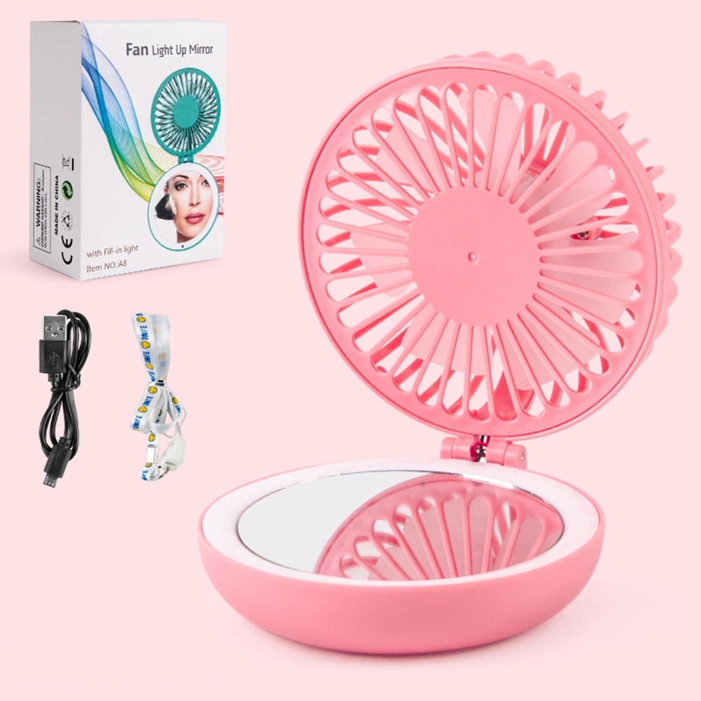 Multipurpose Mini Fan Makeup Mirror Fill Light USB Rechargeable Pocket Handheld Fan Portable Desktop Fan for Home Office (Pink)