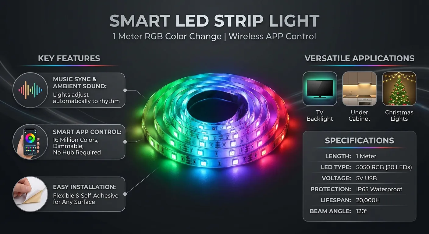 1 Meter LED Strip Lights TV Back Light 5050 RGB Color Change Wireless APP Remote
