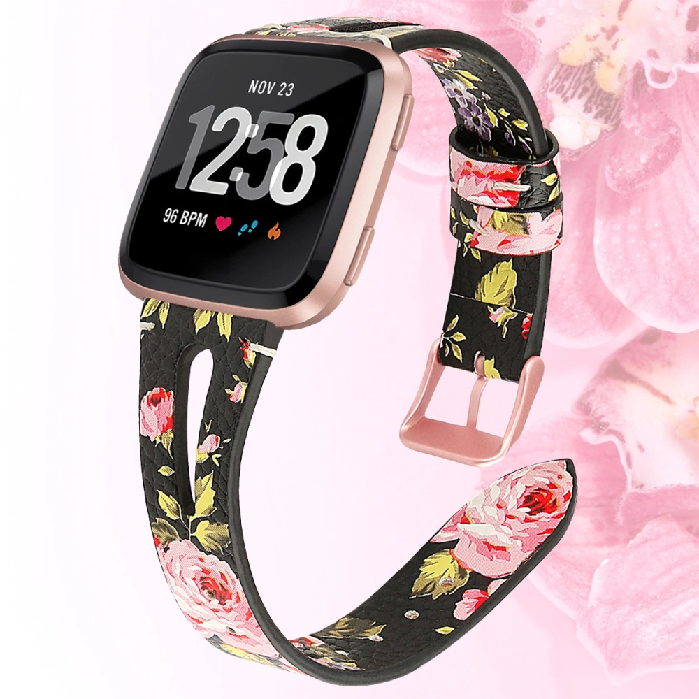 Leather Watch Strap Middle Open Metal Buckle Replacement Watchband Wrist Band Compatible for Fitbit Versa Smart Watch (Pink Flowers)