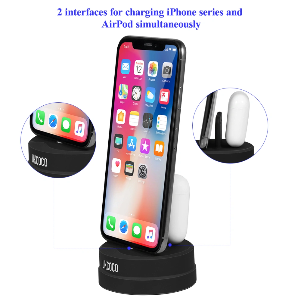 UKCOCO D005 2 in 1 Silicone Stand Charging Dock Holder for Apple AirPods & iPhone (Black)