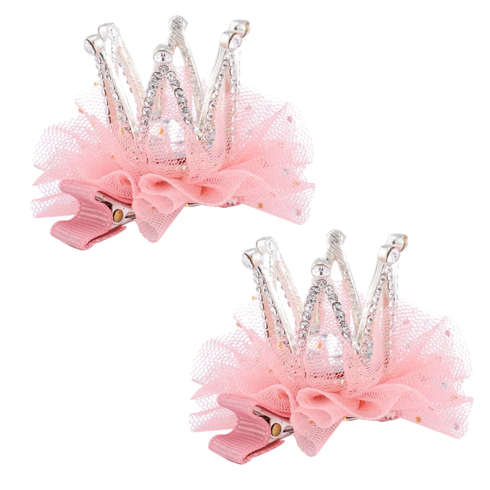 2pcs Fashion Headwear Diamond Three-Dimensional Mesh Crown Hairpin Hair Accessories for Girls Children (Pink)