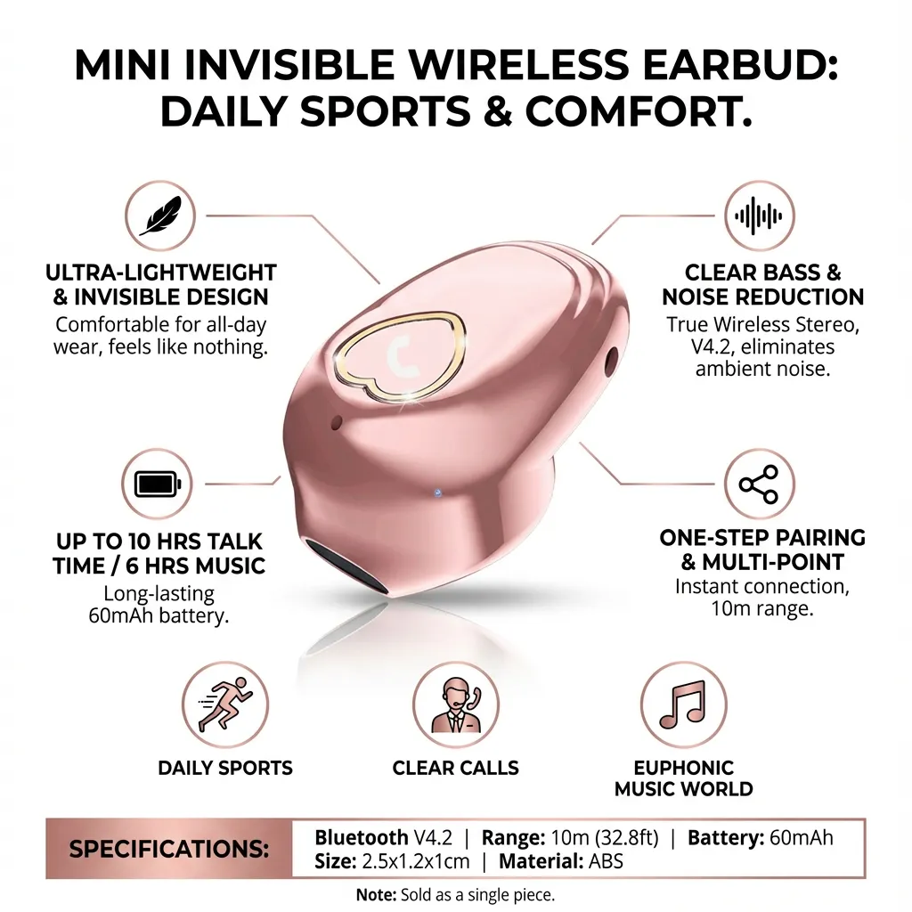 Wireless  Mini Invisible In-Ear Sports Headphones Headset for Daily Sports