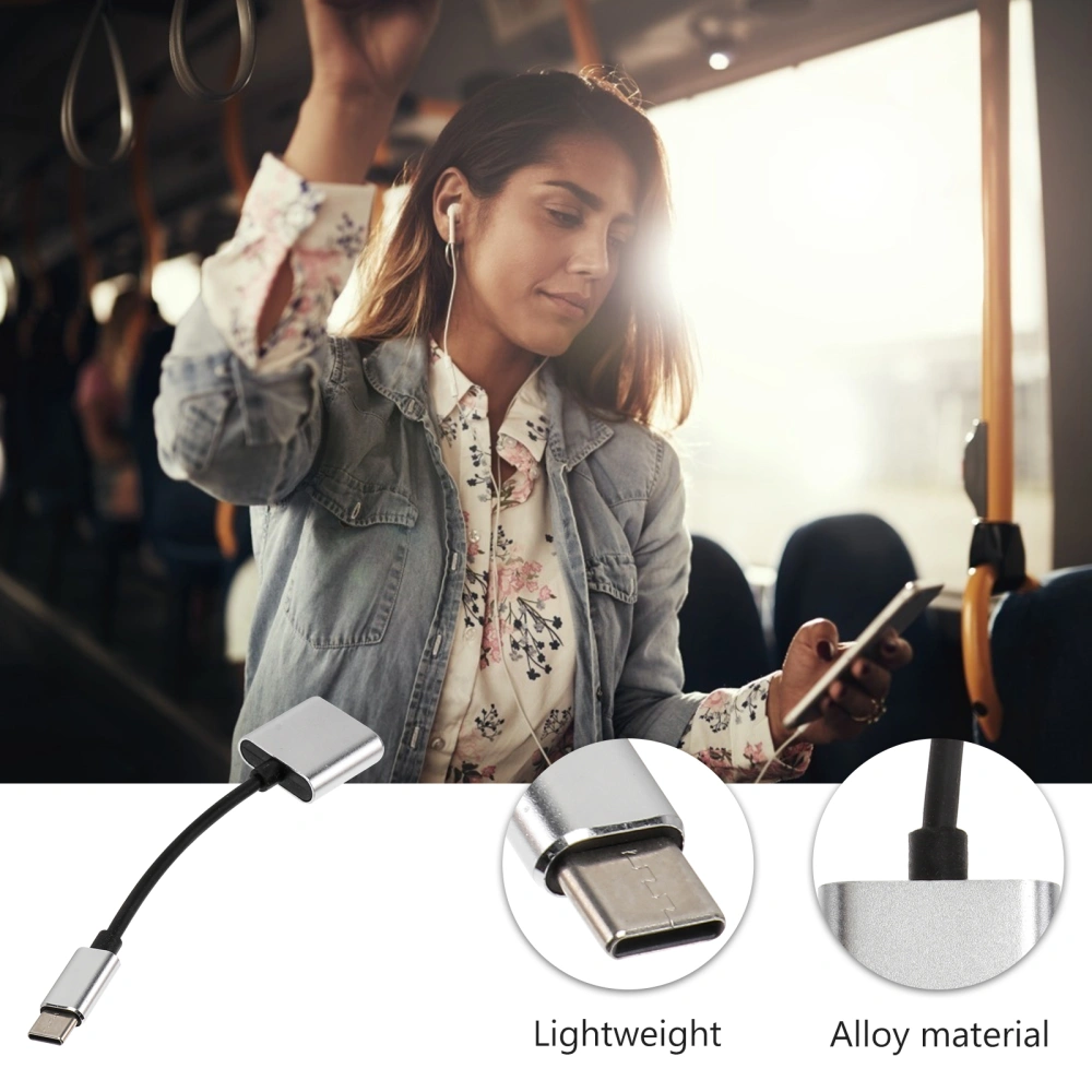 2-in-1USB Type C to 3.5mm Earphone Adapter Charger USB-C Audio Cable 3.5 Jack Headphone Adapter for Phone (Silver)