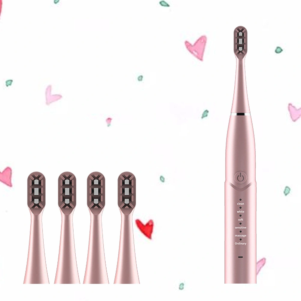 6 Modes Smart Automatic Waterproof Electric Toothbrush Acoustic Vibration Electric Toothbrush Ultrasonic Toothbrush with 4 Brush Head (Pink)