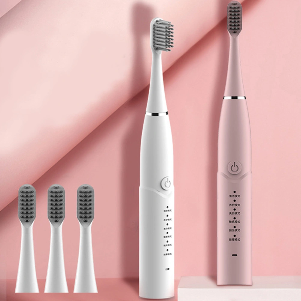 6 Modes Smart Automatic Waterproof Electric Toothbrush Acoustic Vibration Electric Toothbrush Ultrasonic Toothbrush with 4 Brush Head (Pink)