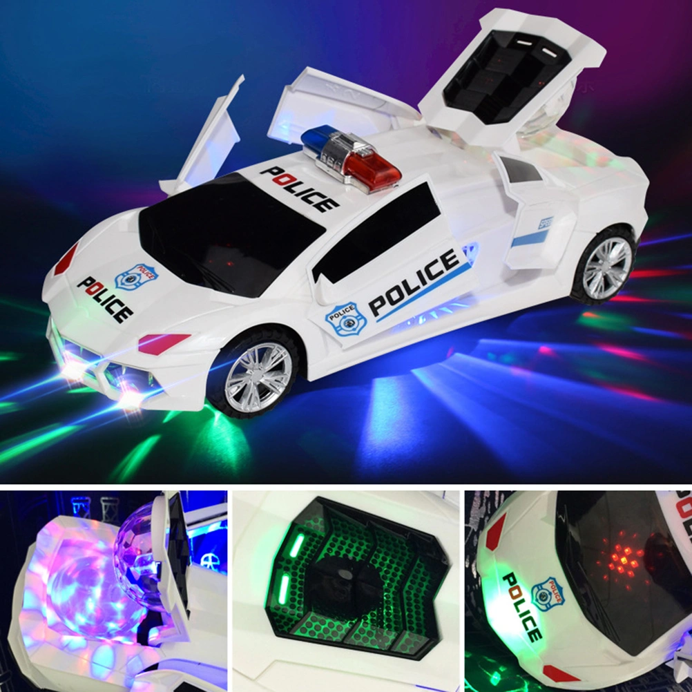 1pc Music LED Light Police Car Toy 360-degree Rotating Open The Door Car Model No Battery