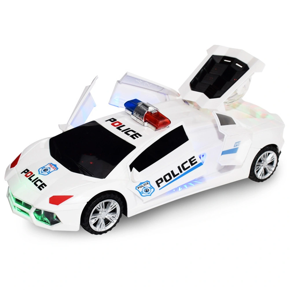 1pc Music LED Light Police Car Toy 360-degree Rotating Open The Door Car Model No Battery