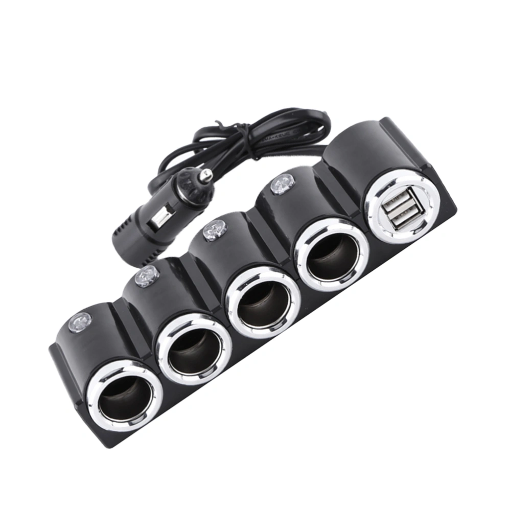 1Pc 1 to 4 Cigarette Lighter Ports Dual USB Car Charger Separator with Independent Switch for Car Use (Black)