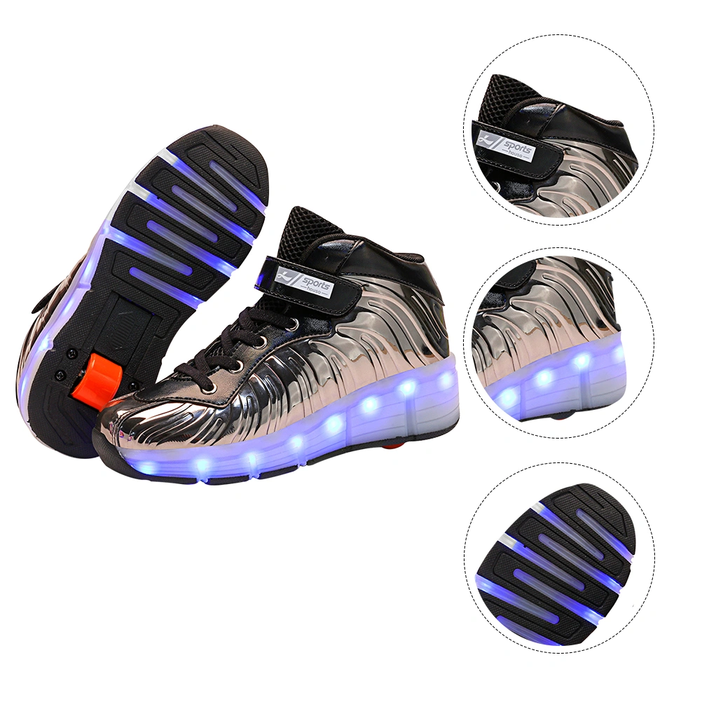 1 Pair USB Charging Children Roller Shoes Single Wheel LED Roller Skates LED Luminous Kids Shoes Fashion Cool Roller Sports Shoes for Sports (Black Silver Size 38: About 24.5CM, 7.5US,5UK,38.5EU,9.6285Inch)