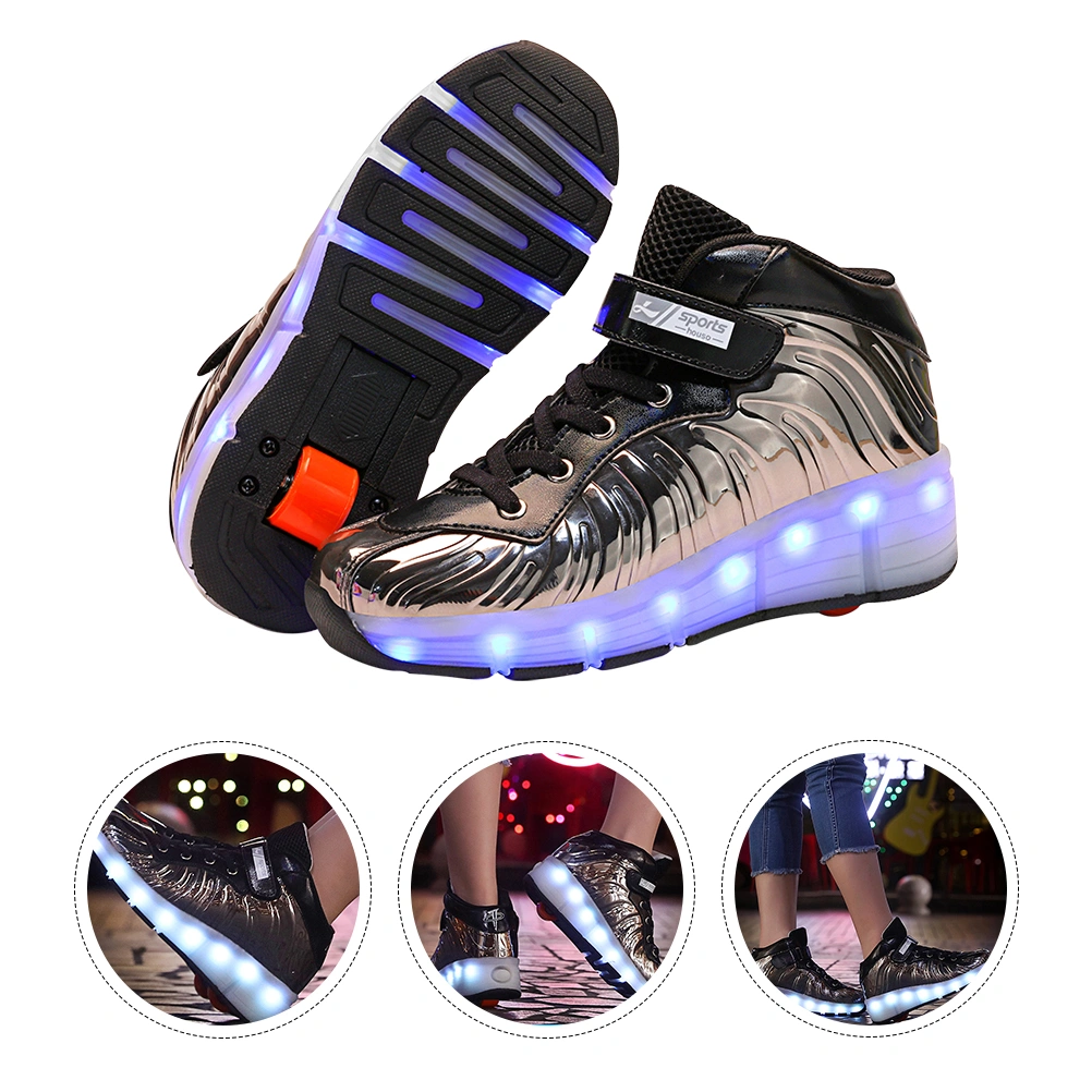 1 Pair USB Charging Children Roller Shoes Single Wheel LED Roller Skates LED Luminous Kids Shoes Fashion Cool Roller Sports Shoes for Sports (Black Silver Size 38: About 24.5CM, 7.5US,5UK,38.5EU,9.6285Inch)