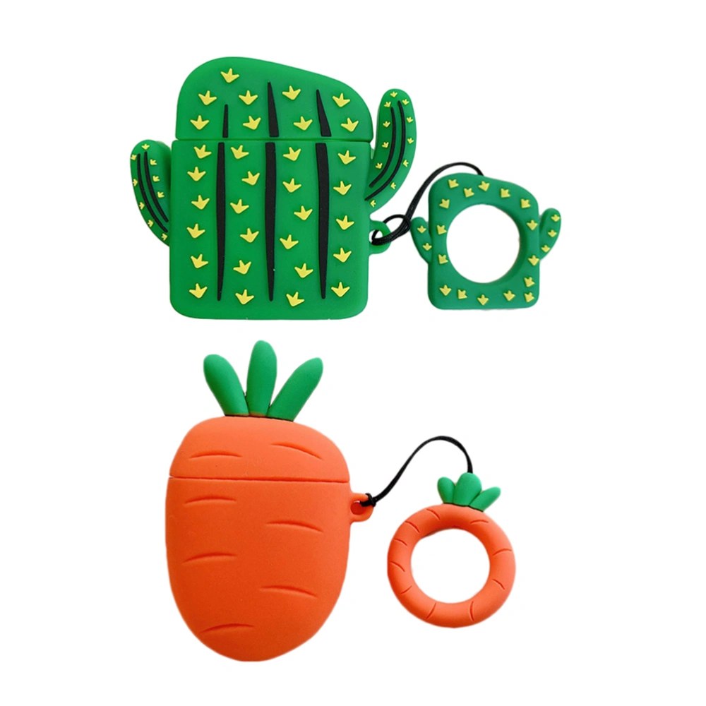 2 Pcs Headset Silicone Case Cartoon Cactus Carrot Silicone Airpods Cover Anti-fall Silicone Protective Case Universal Headphone Silicone Cover Compatible for AirPods 1/2 with Lanyard